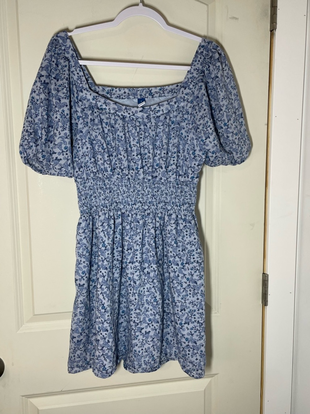 Blue Floral Puff Sleeve Mini Dress Smocked Waist Cottagecore Coquette Dress